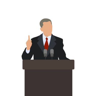 Man on the podium politician points finger up.  The gesture of attention. Male speaker. Vector clipart