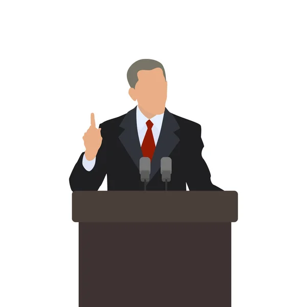 Homem no pódio político aponta o dedo para cima. O gesto de atenção. Falante masculino. Vetor — Vetor de Stock