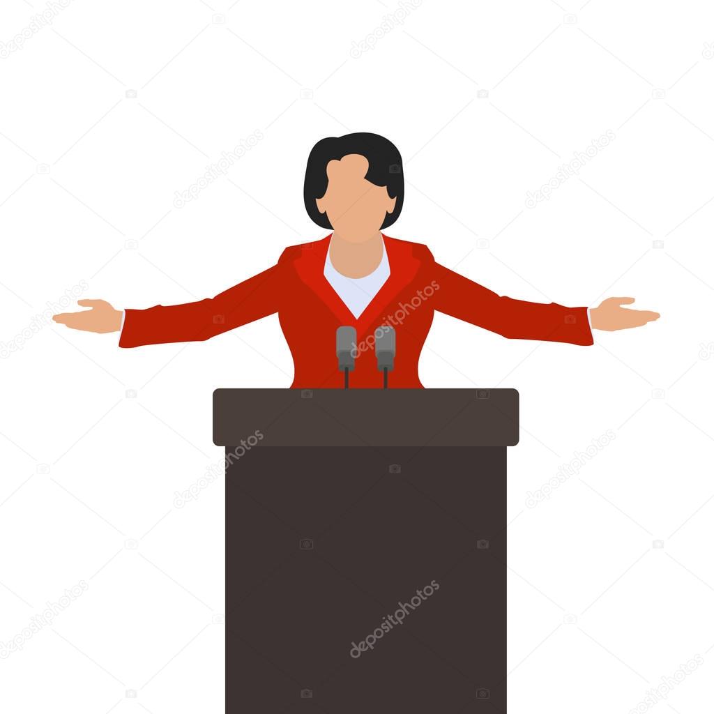 A woman politician, a woman speaker on the podium. Vector