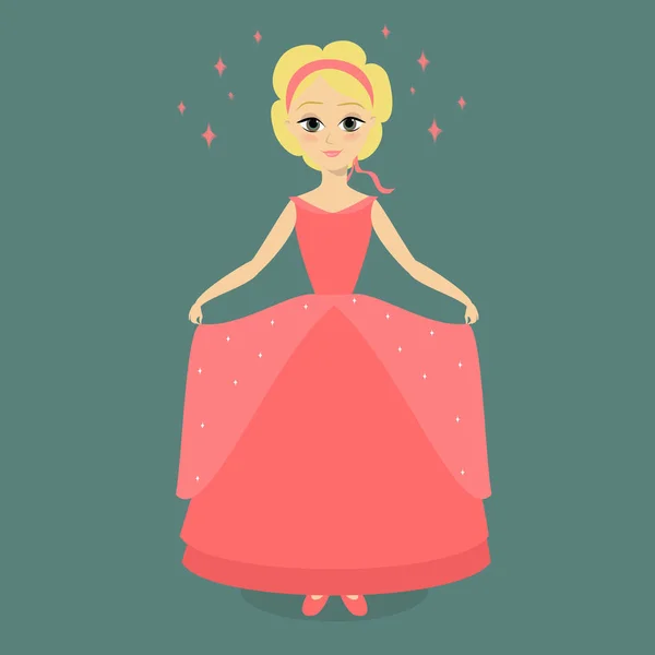 Princesa de dibujos animados en un salón de baile vestido rosa. Ilustración vectorial — Vector de stock