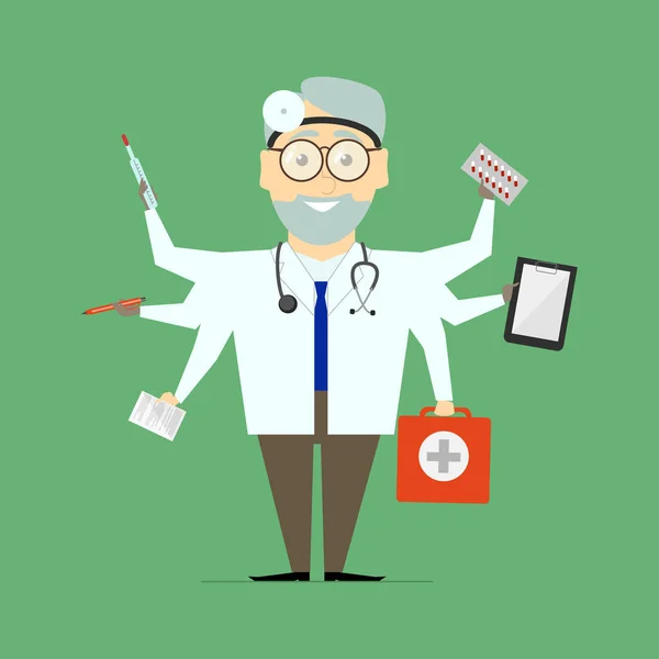 Çok görevli doktor adam. Düz tasarlamak vektör