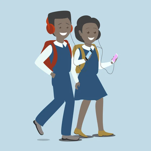 Chica y niño con el teléfono. Niños con artilugios. Educación y tecnología. Vector plano — Archivo Imágenes Vectoriales