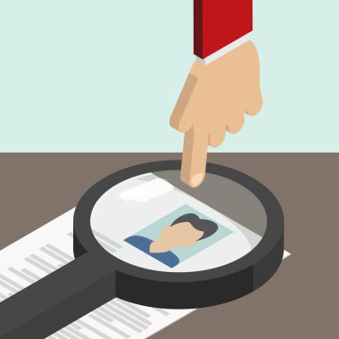 Arama çalışan. Özgeçmiş, cv. el işaret. Vektör izometrik