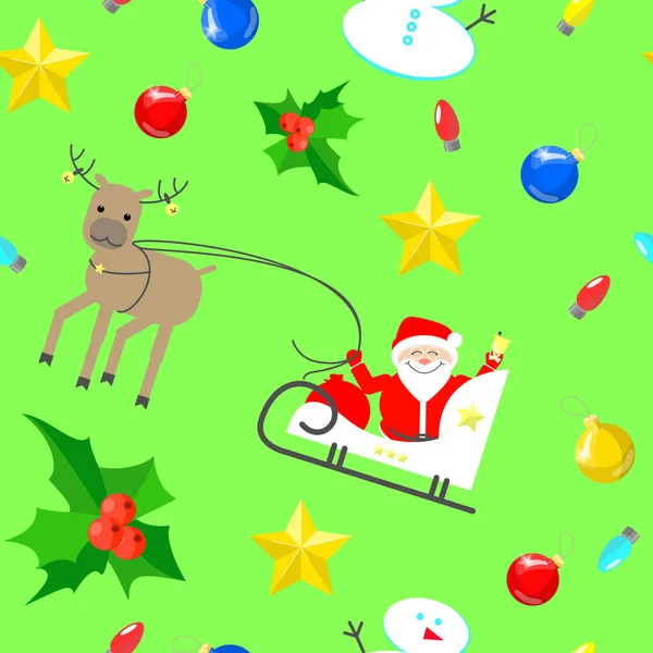 Unités de texture sans couture de Noël sur un fond vert. Père Noël dans son traîneau . — Image vectorielle