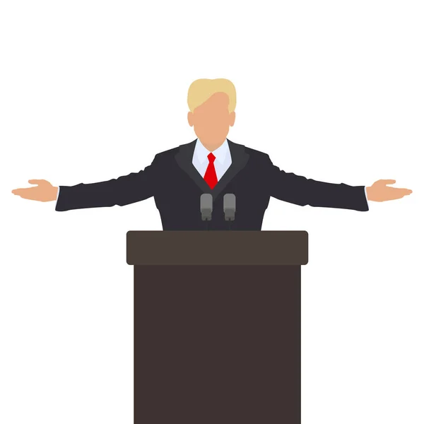 Der Politiker hinter dem Podium. zur Begrüßung wirft er die Hände in die Höhe. Vecto — Stockvektor