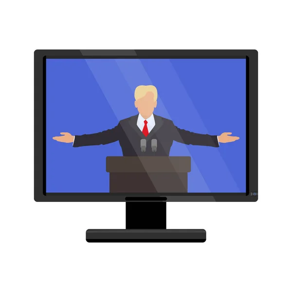 Famous person behind the podium on the monitor screen. Vector illustration of flat — Stock Vector