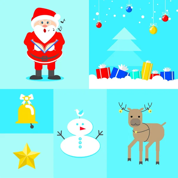Collage du Nouvel An. Père Noël chantant arbre de Noël avec des cadeaux, rennes, étoile du nord, cloche de Noël. Vecteur — Image vectorielle