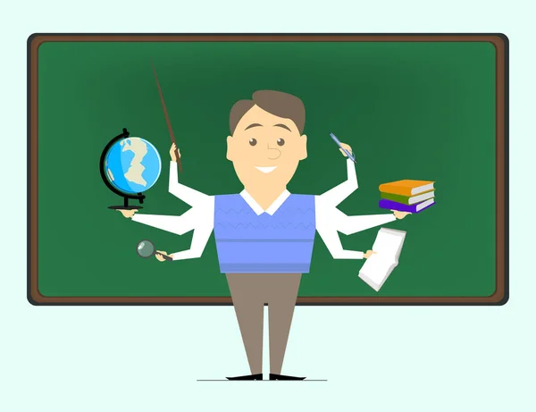 Multitasking is a school teacher, the teacher on various subjects. Concept vector.Repetitor — Stock Vector