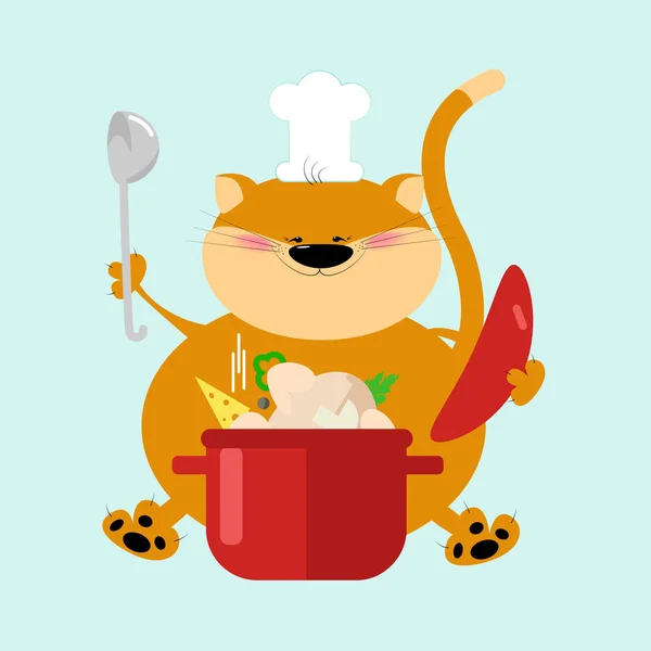 Cat chef ül egy fazék készételek. Vicces cartoon macska chef. — Stock Vector