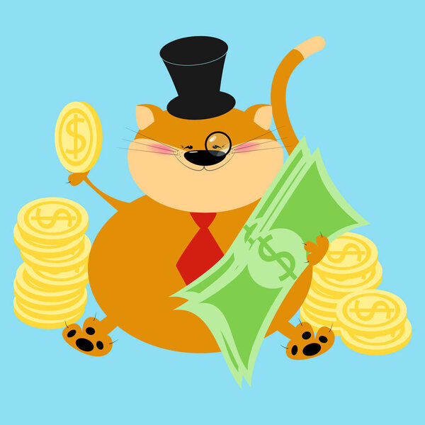 Rich thick red cat. Finance, cat banker. Cartoon vector