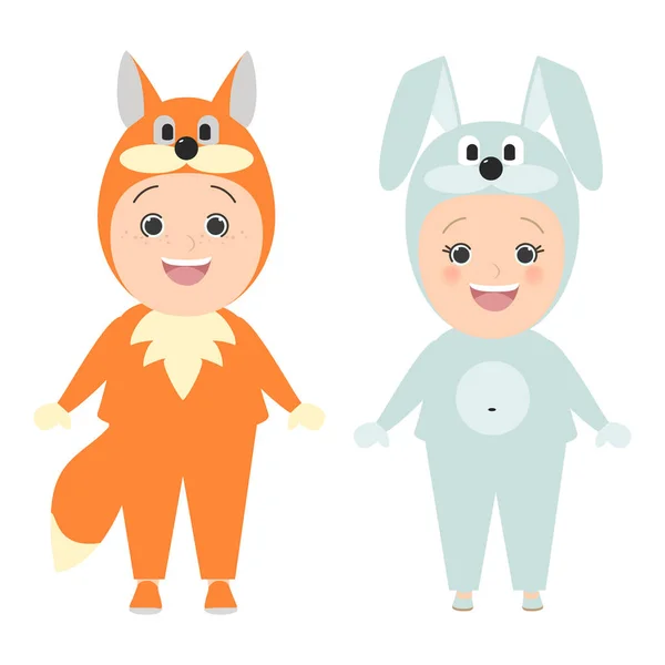 動物のカーニバルの衣装の子どもたち。狐少年は、ウサギの女の子。ベクトル漫画 — ストックベクタ