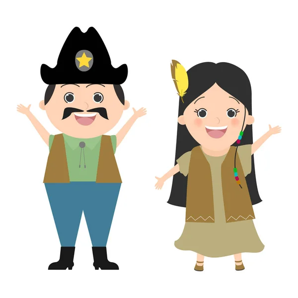 Enfants en costumes de carnaval cow-boy et Pocahontas. Wild West, cow-boys et Indiens. Caricature vectorielle — Image vectorielle