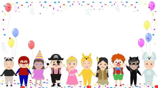 Kinder feestelijke achtergrond. Kinderen in verschillende carnaval kostuums. Vector cartoon — Stockvector