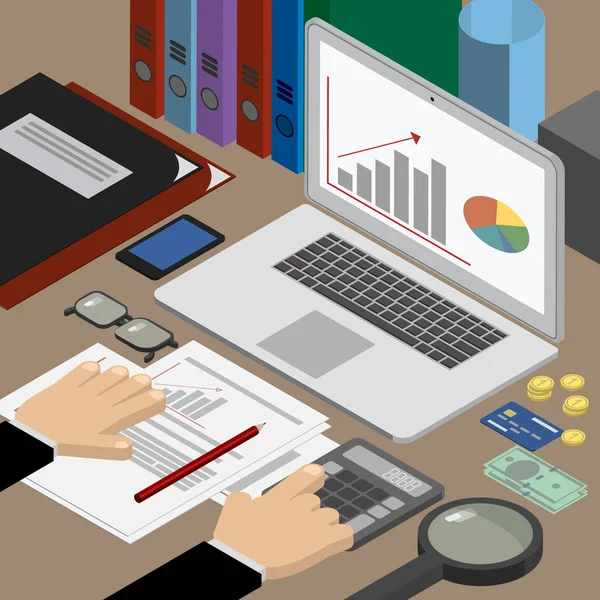 Financiën en business. Analist bij de werkplek controleert verslagen. Werkplek isometrische — Stockvector