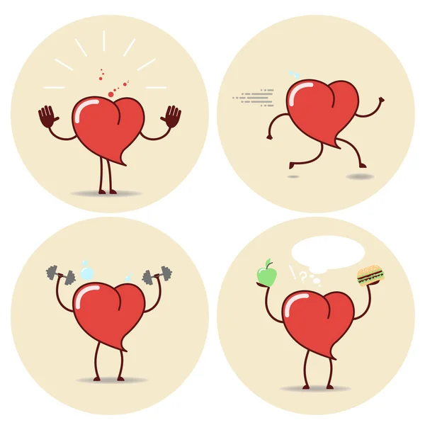 Corazón y un estilo de vida saludable, un conjunto de posiciones diferentes. Iconos de dibujos animados vectoriales — Archivo Imágenes Vectoriales