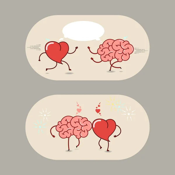 Beyin ve kalp sevgi ve dostluk. Vektör karikatür simgeleri bir dizi. — Stok Vektör