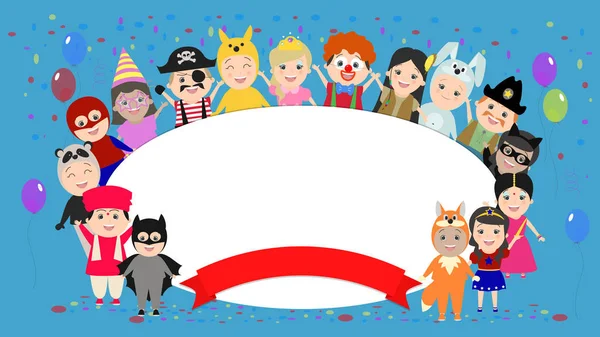 Feestelijke achtergrond met kinderen in kostuums rond. Kinderen in carnaval kostuums. Vector cartoon — Stockvector