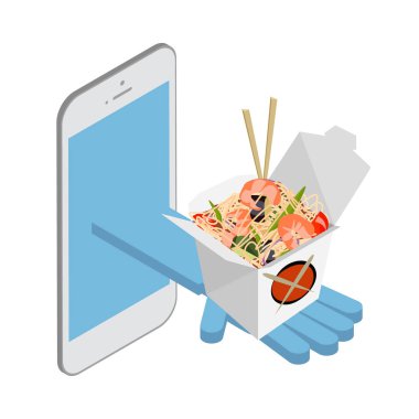 Teslimat yere belgili tanımlık telefon. Asya gıda. Erişte wok. Vektör izometrik