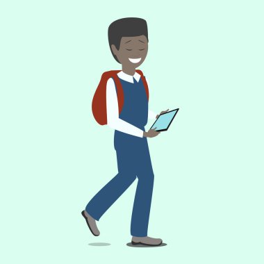 Bir tablet elinde tutan çocuk öğrenci. Yeni teknolojiler. Vektör