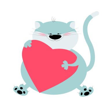 Kedi bir kalp içinde onun paws tutan gülümseyerek. Sevgililer günü kartı. Vektör çizgi film