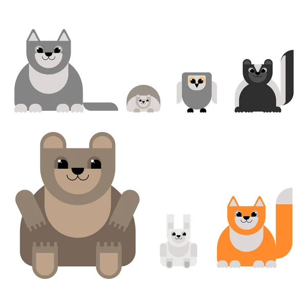 Animales del bosque en el estilo del diseño del material. Oso, lobo, zorro, liebre, erizo, búho, zorrillo. Vector — Archivo Imágenes Vectoriales