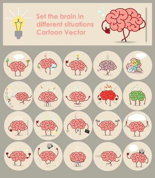 Zestaw naklejek mózgi w różnych sytuacjach. Ikony kreskówka wektor — Wektor stockowy