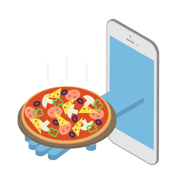 Koncepció, pizza futár rendelésben. Gyors szállítás az interneten. Izometrikus Vector — Stock Vector