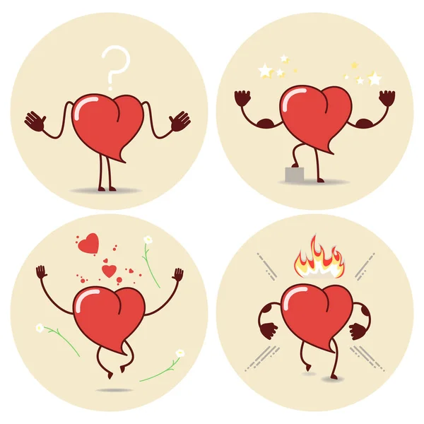 Caricatura del corazón en diferentes situaciones. Iconos vectoriales, pegatinas — Archivo Imágenes Vectoriales