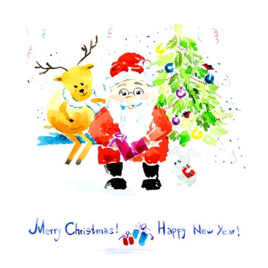 Noel kartı. Noel Baba elinde bir hediye ile oturuyor. Vektör suluboya tekniği