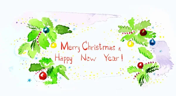 Vykort för jul och nyår. Grattis till en bakgrund inredda med fir grenar. Vector akvarell teknik — Stock vektor