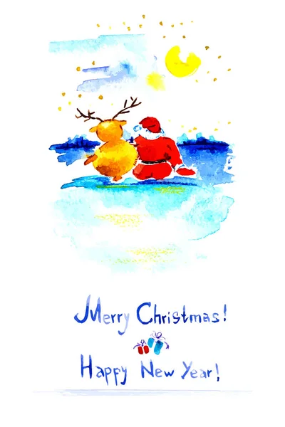 Открытка на Рождество. Санта-Клаус и олени держатся за руки на фоне луны. Вектор акварельной техники — стоковый вектор