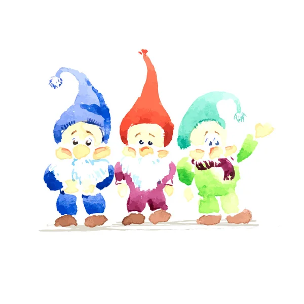 Tres gnomos de pie junto a la acuarela. Pequeños gnomos, dibujos animados — Vector de stock