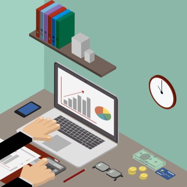 Çalışma alanı, muhasebecinin ofis, yatırımcı, iş adamı. Vektör izometrik
