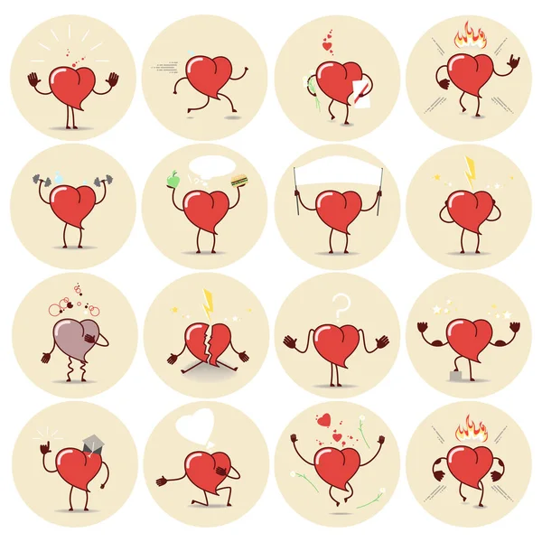 Iconos del corazón, pegatinas fijadas. Diferentes emociones, diferentes posiciones. Vector de dibujos animados — Archivo Imágenes Vectoriales