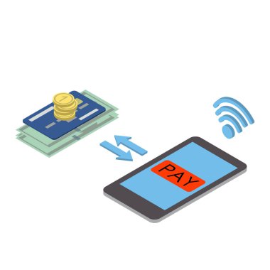 Mobil ödeme. Mobil ödeme cep telefonu ekran tedavisinde. Vektör izometrik çizim