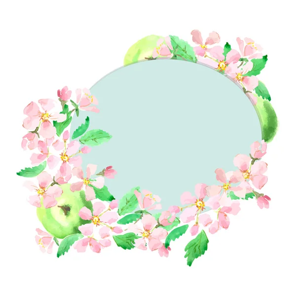 Flor de maçã com cartão de maçã de congratulações. Técnica de aquarela vetorial. Dia dos Namorados, Dia das Mães — Vetor de Stock