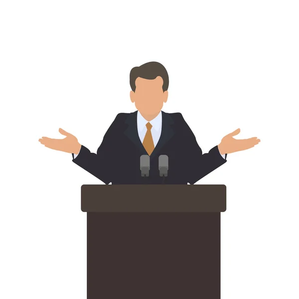 Άνδρας ομιλητής στο βάθρο ανήμπορος χειρονομία. Η χειρονομία της αμφιβολίας και της σύγχυσης. Αρσενικό πολιτικές. Διάνυσμα — Διανυσματικό Αρχείο