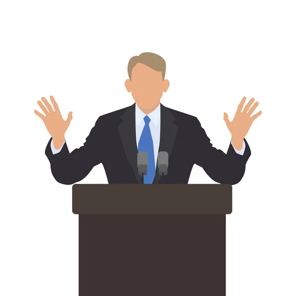 Man spreker op het podium aan de orde gesteld zijn handen. Gebaar kalm. Mannelijke beleid. Vector — Stockvector