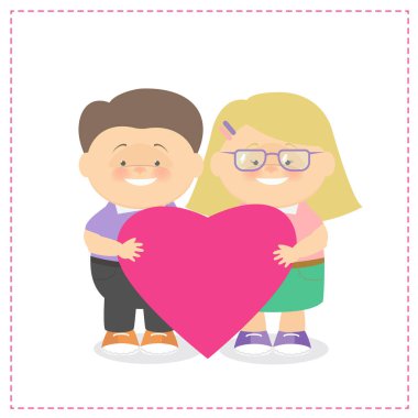 Çocuk ve bir kalp bir arada tutan kız. Çocuk beyaz işareti kalp tutan. Vektör çizgi film