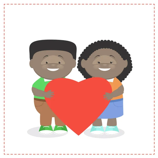 Chico y chica manteniendo un corazón unido. Niños afro-americanos sosteniendo el corazón. Caricatura vectorial — Archivo Imágenes Vectoriales