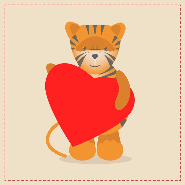 Τίγρη κρατώντας μια καρδιά. Τίγρη παιχνίδι βελούδου με την καρδιά. Δώρο. Καρτ ποστάλ για την ημέρα του Αγίου Βαλεντίνου, γενέθλια, ημέρα της μητέρας. Διάνυσμα κινουμένων σχεδίων — Διανυσματικό Αρχείο
