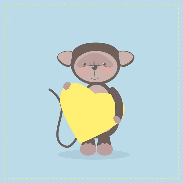 Monkey holding a heart. Plush toy monkey with heart. Gift. Postcard on Valentine's Day, birthday, Mother's Day. Vector cartoon — Stock Vector