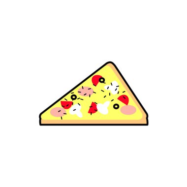 Simge dilim pizza. Dilim pizza mantar, sosis, domates, peynir ile. Vektör Lineer düz