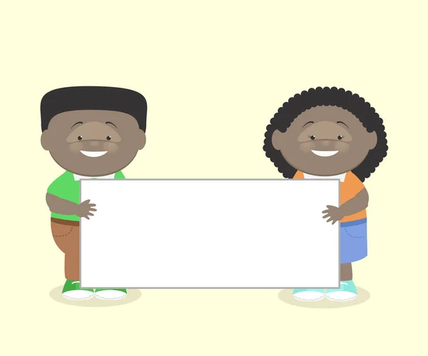 Двое детей, мальчик и девочка, афроамериканец, держат информационный плакат. Векторная карикатура — стоковый вектор