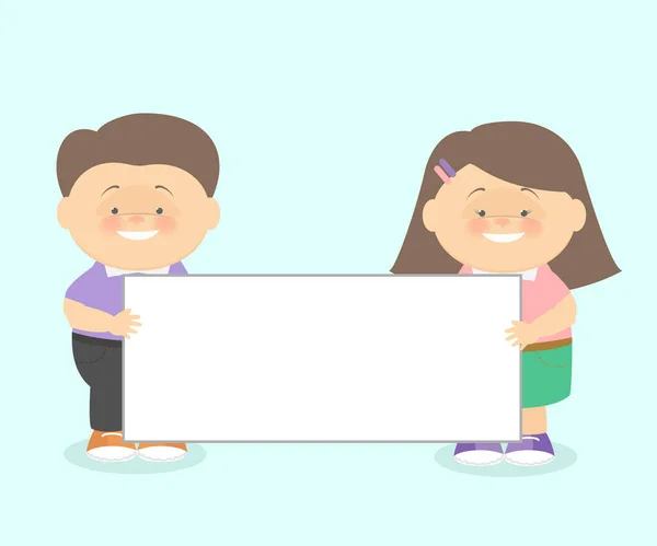 Мальчик с девочкой вместе держит информационный плакат. Векторная карикатура — стоковый вектор