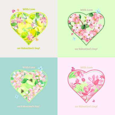 Sevgililer Günü'nde aşk ile Sevgililer günü kartı. Çiçekli kart dizisini. Vektör suluboya tekniği