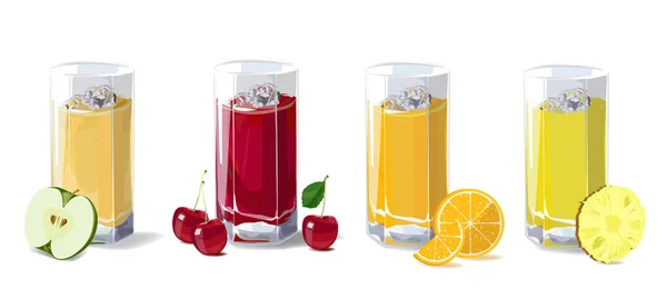 Fruchtsäfte. Gläser mit Fruchtsaft, Apfel, Kirsche, Orange und Ananas. Vektor — Stockvektor