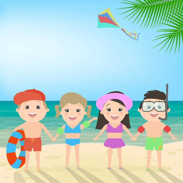 Vacanze estive al mare. Bambini sulla spiaggia. paesaggio marino, cartone animato vettoriale — Vettoriale Stock