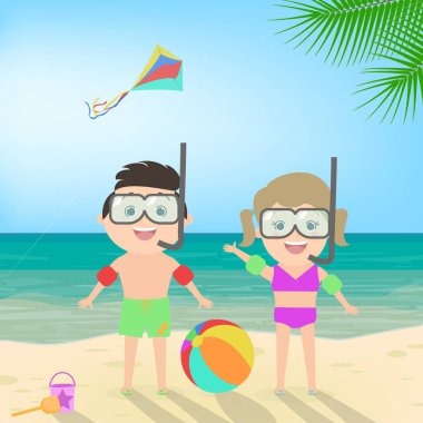 Summer beach holiday. Boy and girl in scuba mask at the beach. Diving. Sea landscape, vector cartoon clipart
