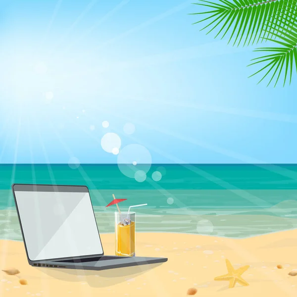 Geschäftstourismus. Sommerurlaub am Strand, Meer, Laptop im Sand. Reisebüro. Vektor — Stockvektor